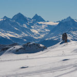 View from Glacier3000 cabin station towards Alps in Vallais. In the forefront Quille du Diable, in the background Matterhorn.